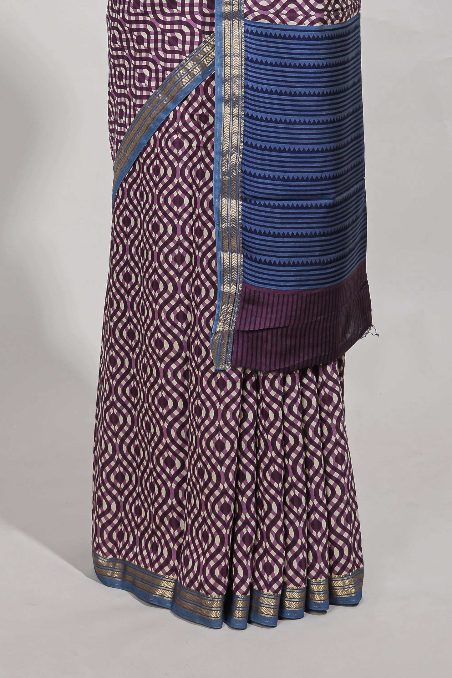 violet geometric print  assam silk saree with  zari border and matching blouse