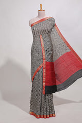 Grey geometric printassam silk saree withzari border and matching blouse