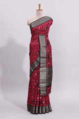 Pink floral design zari motifs assam silk saree with contrast zari border matching striped blouse