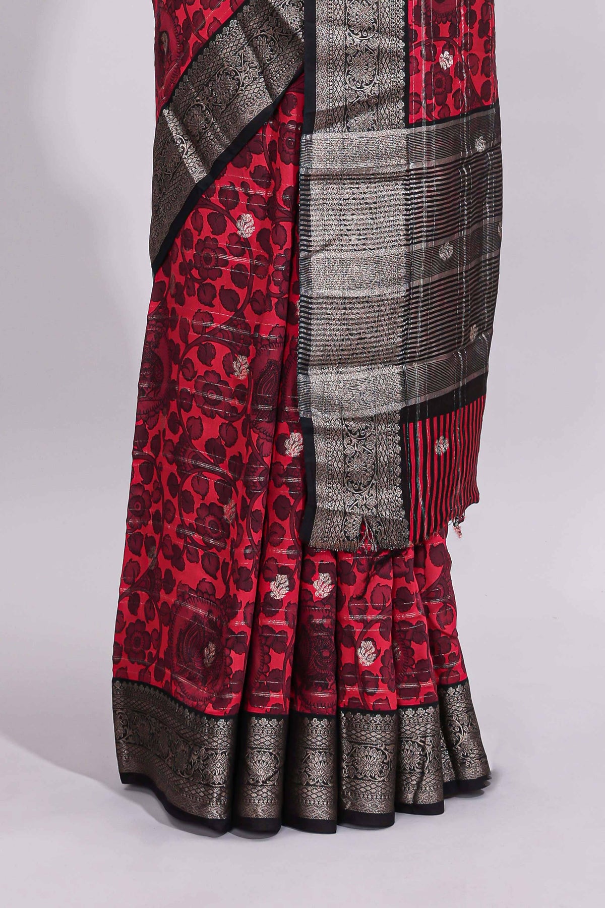 Pink floral design zari motifs assam silk saree with contrast zari border matching striped blouse