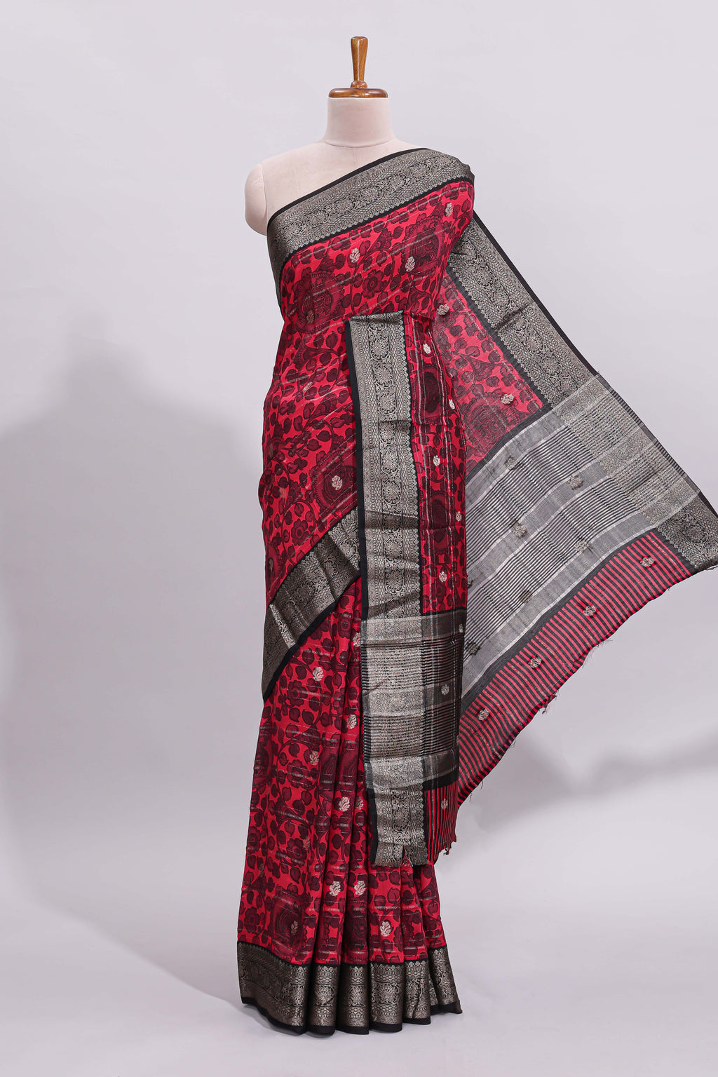 Pink floral design zari motifs assam silk saree with contrast zari border matching striped blouse