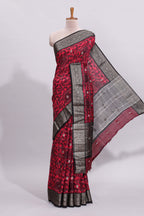 Pink floral design zari motifs assam silk saree with contrast zari border matching striped blouse