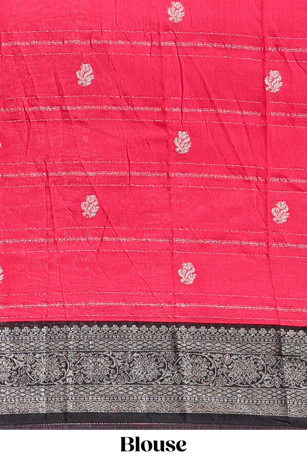 Pink floral design zari motifs assam silk saree with contrast zari border matching striped blouse