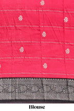 Pink floral design zari motifs assam silk saree with contrast zari border matching striped blouse