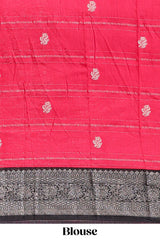 Pink floral design zari motifs assam silk saree with contrast zari border matching striped blouse