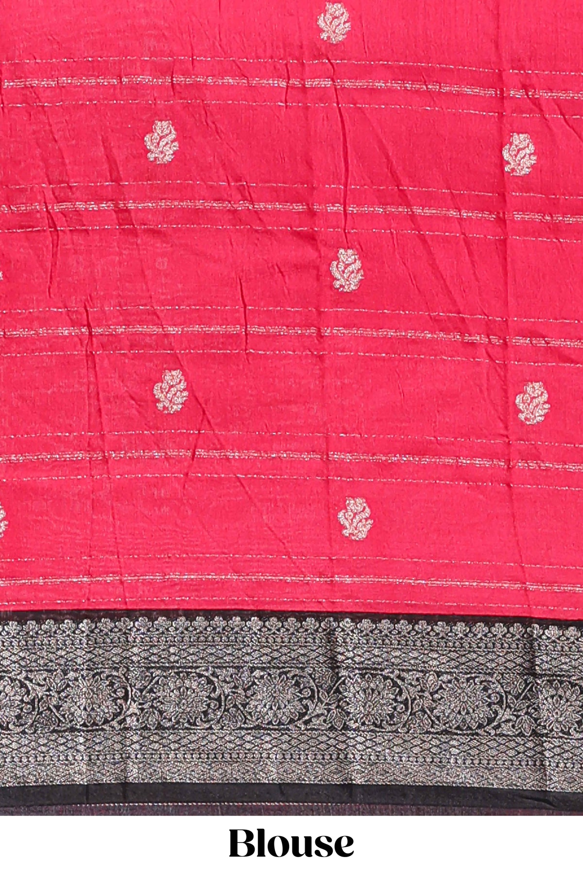 Pink floral design zari motifs assam silk saree with contrast zari border matching striped blouse
