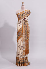 Cream floral design zari striped assam silk saree with contrast zari border and printed blouse