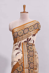 Cream floral design zari striped assam silk saree with contrast zari border and printed blouse