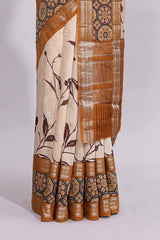Cream floral design zari striped assam silk saree with contrast zari border and printed blouse