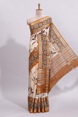 Cream floral design zari striped assam silk saree with contrast zari border and printed blouse