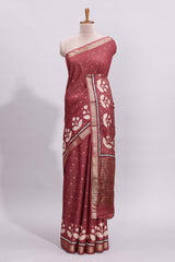 Onion pink zari striped floral design assam silk saree with self zari border and matching motifs blouse