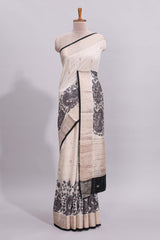 Off white striped zari motifs design assam silk saree with self zari border and contrast motifs blouse