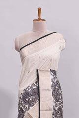 Off white striped zari motifs design assam silk saree with self zari border and contrast motifs blouse