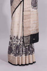 Off white striped zari motifs design assam silk saree with self zari border and contrast motifs blouse
