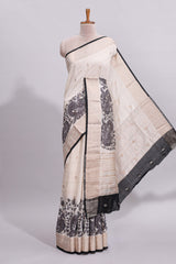 Off white striped zari motifs design assam silk saree with self zari border and contrast motifs blouse