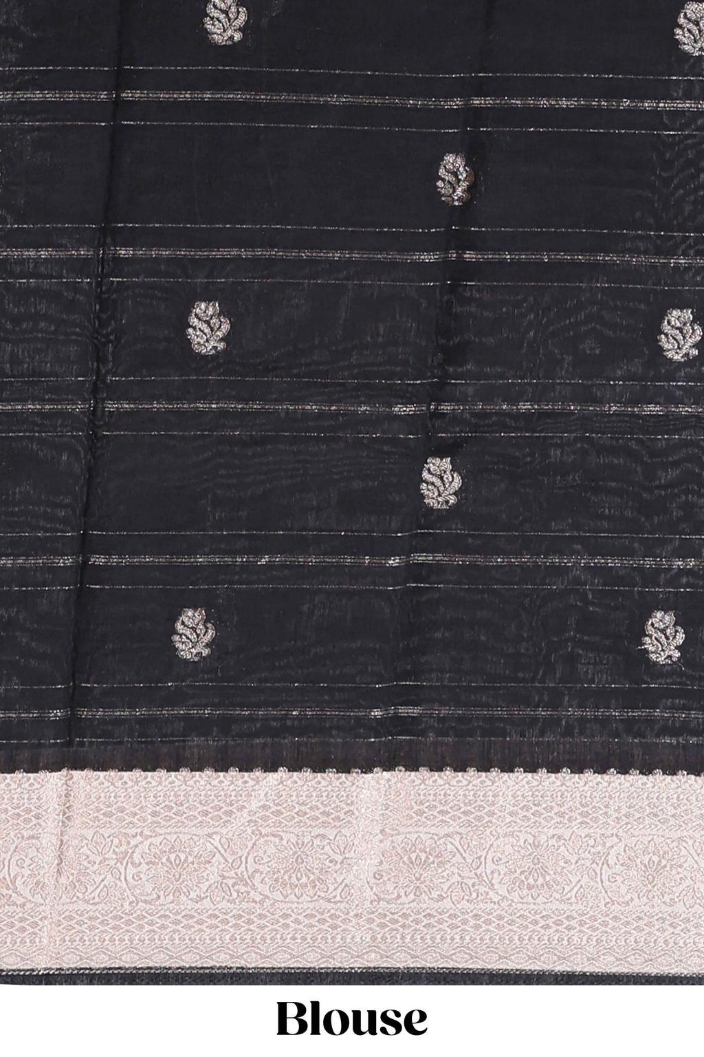 Off white striped zari motifs design assam silk saree with self zari border and contrast motifs blouse
