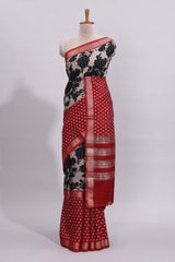 Grey checked zari floral design assam silk saree with contrast zari border and motifs blouse