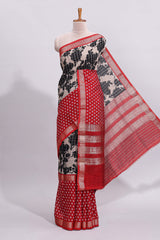 Grey checked zari floral design assam silk saree with contrast zari border and motifs blouse