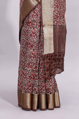 Beige checked floral design assam silk saree with contrast zari border and printed blouse