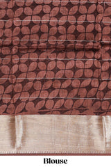 Beige checked floral design assam silk saree with contrast zari border and printed blouse