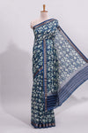 Blue floral design assam silk saree with self zari border and striped blouse