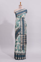 White floral design assam silk saree with contrast zari border and printed blouse