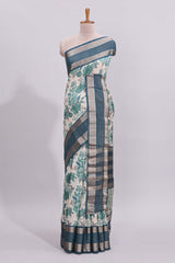White floral design assam silk saree with contrast zari border and printed blouse