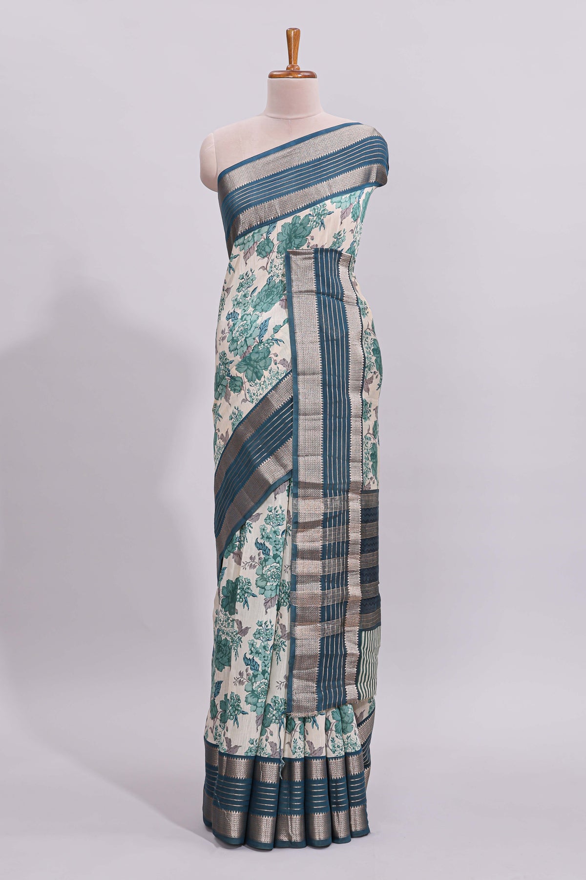 White floral design assam silk saree with contrast zari border and printed blouse