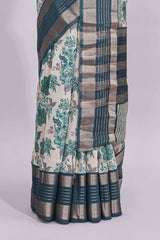 White floral design assam silk saree with contrast zari border and printed blouse