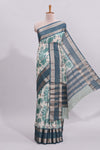 White floral design assam silk saree with contrast zari border and printed blouse