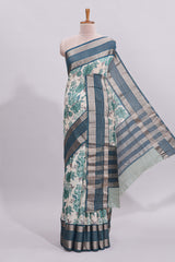 White floral design assam silk saree with contrast zari border and printed blouse