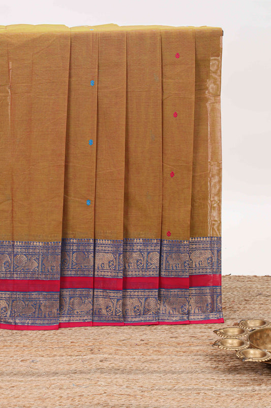 Brown butta bengal cotton saree with contrast bentex border and striped pallu