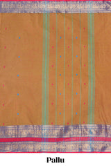 Brown butta bengal cotton saree with contrast bentex border and striped pallu