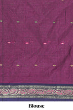 Violet colour bengal cotton saree with all over thread buttas contrast bentex border and contrast pallu along with blouse piece