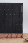 Black colour bengal cotton saree with all over thread buttas contrast bentex border and contrast pallu along with blouse piece
