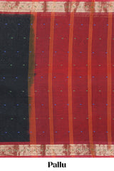 Black colour bengal cotton saree with all over thread buttas contrast bentex border and contrast pallu along with blouse piece