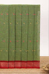 Olive green bengal cotton saree with all over thread buttas contrast border
