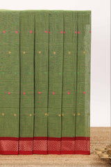 Olive green bengal cotton saree with all over thread buttas contrast border
