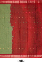 Olive green bengal cotton saree with all over thread buttas contrast border