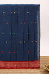 Dark blue bengal cotton saree with all over thread buttas contrast border and pallu