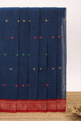 Dark blue bengal cotton saree with all over thread buttas contrast border and pallu