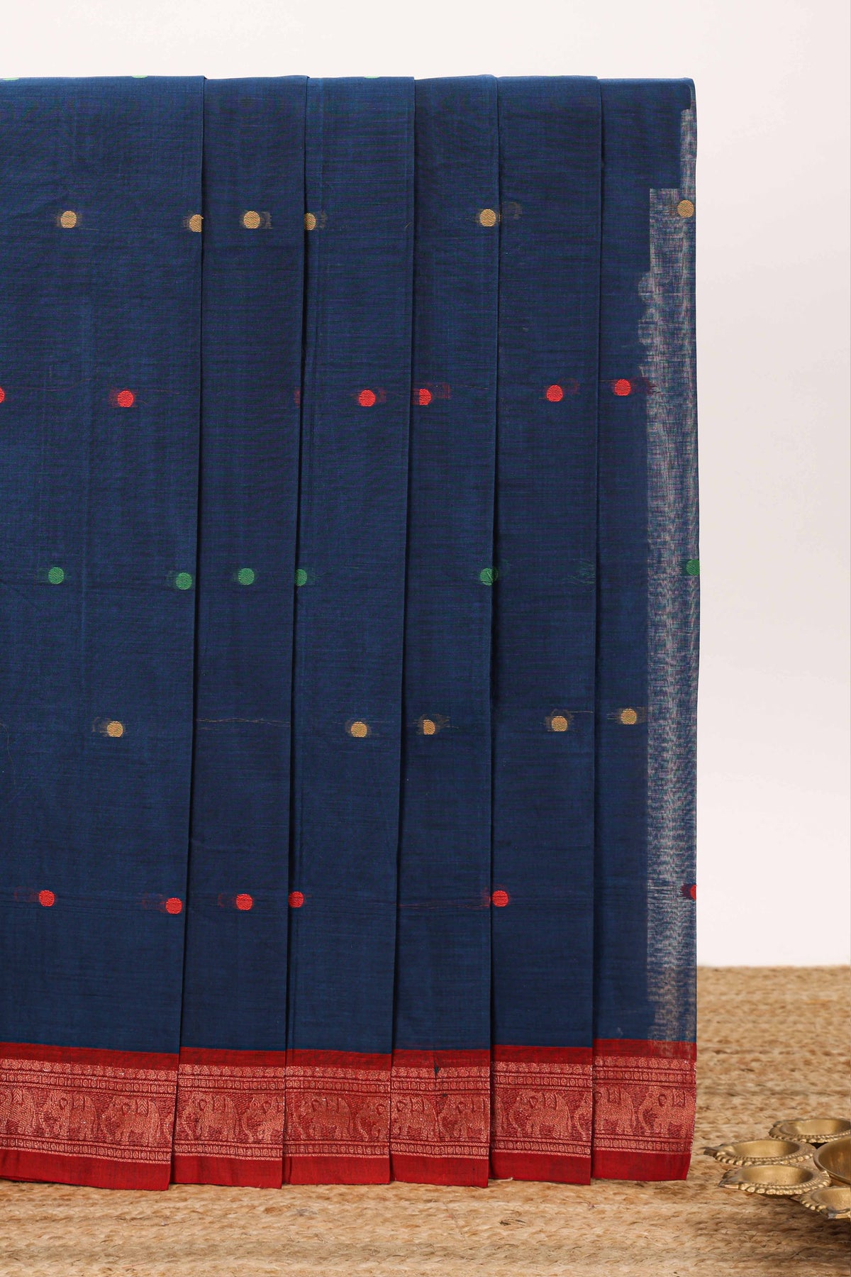 Dark blue bengal cotton saree with all over thread buttas contrast border and pallu