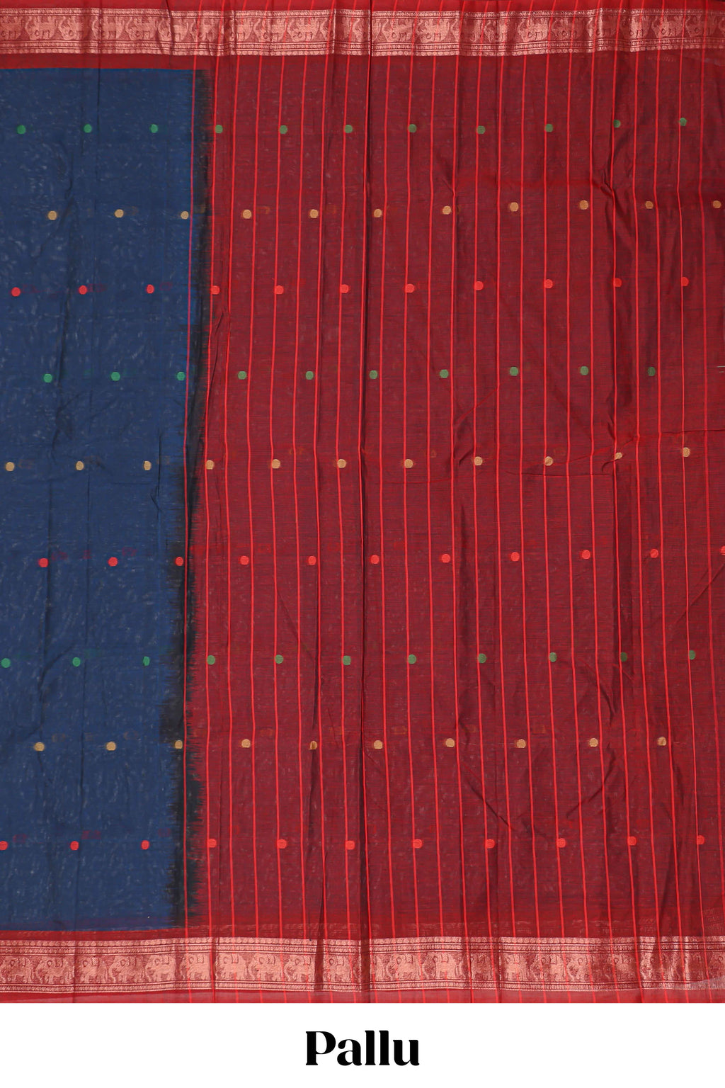 Dark blue bengal cotton saree with all over thread buttas contrast border and pallu