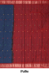 Dark blue bengal cotton saree with all over thread buttas contrast border and pallu