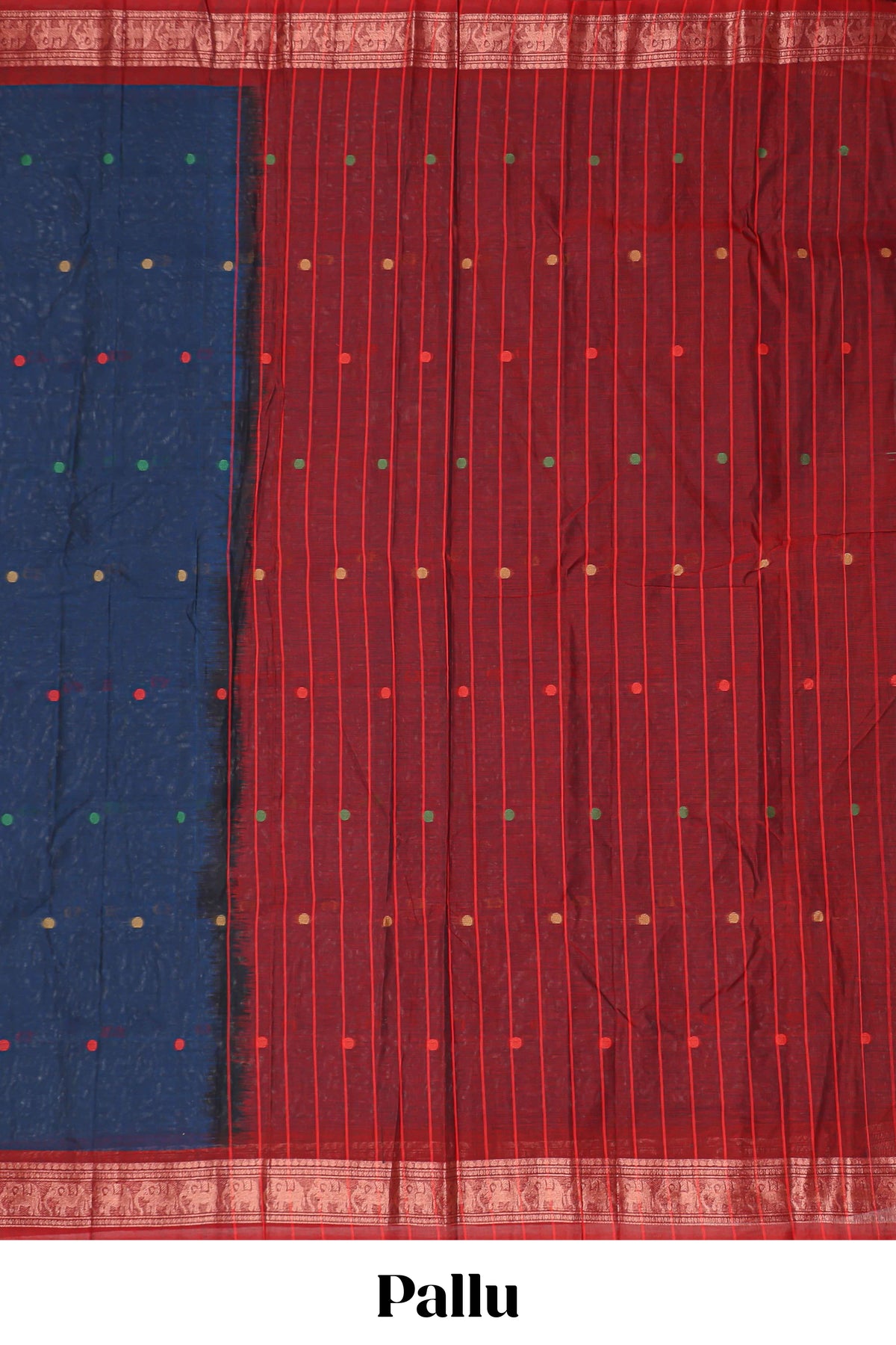 Dark blue bengal cotton saree with all over thread buttas contrast border and pallu
