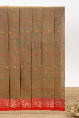 Brown bengal cotton saree with all over thread buttas contrast border and pallu