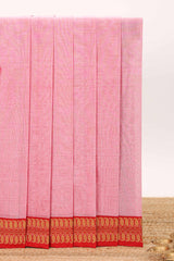 Pink plain bengal cotton saree with contrast border and blouse