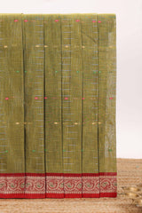 Olive green motifs design bengal cotton saree with contrast border and matching blouse