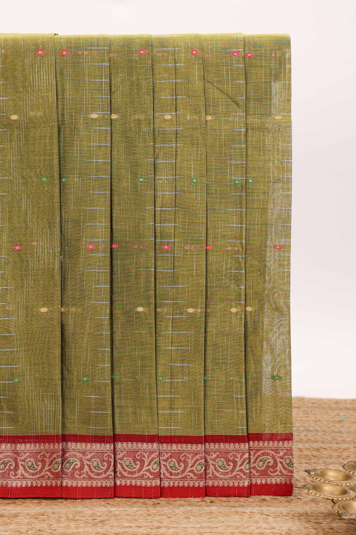 Olive green motifs design bengal cotton saree with contrast border and matching blouse