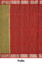Olive green motifs design bengal cotton saree with contrast border and matching blouse